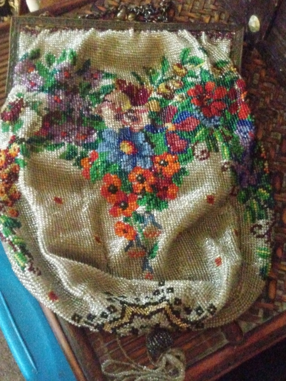 Victorian micro Beaded Floral Evening Bag with Fringe Tassel